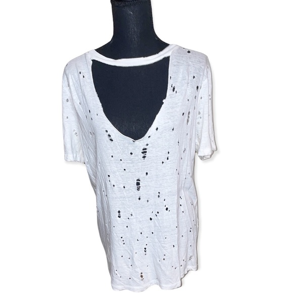 White distressed plunge neckline tee - Picture 3 of 6